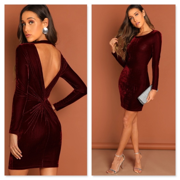 Rouge! Dresses & Skirts - Burgundy Velvet Open Twisted Back Bodycon Dress